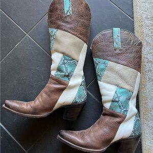 Brown and turquoise patch tall boots